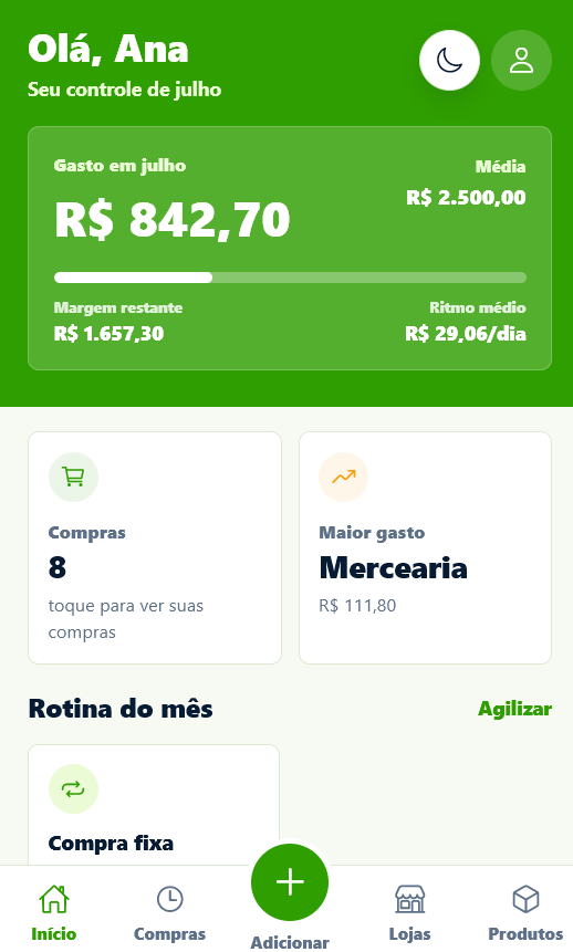 Mockup do aplicativo Comprei mostrando a interface de dashboard.